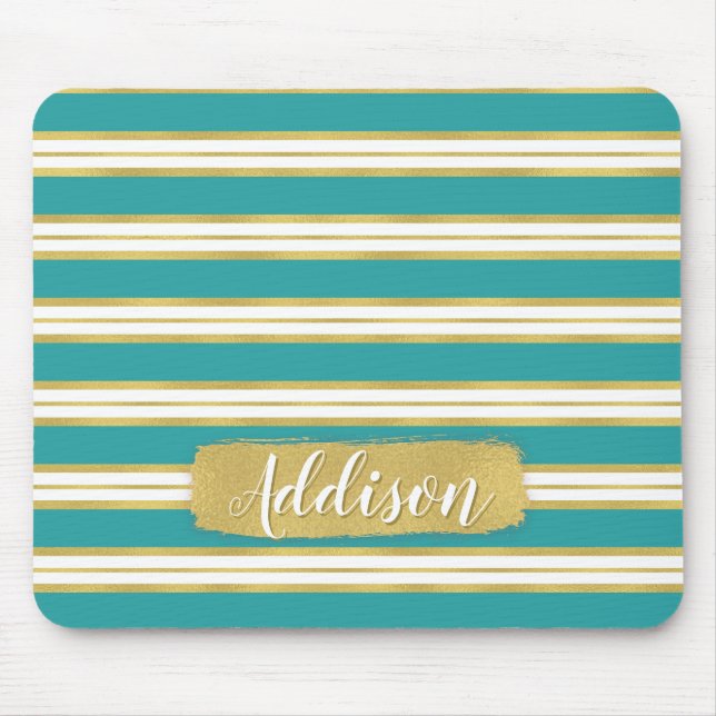 Aqua Blue Gold Streifen Muster Individuelle Name Mousepad (Vorne)