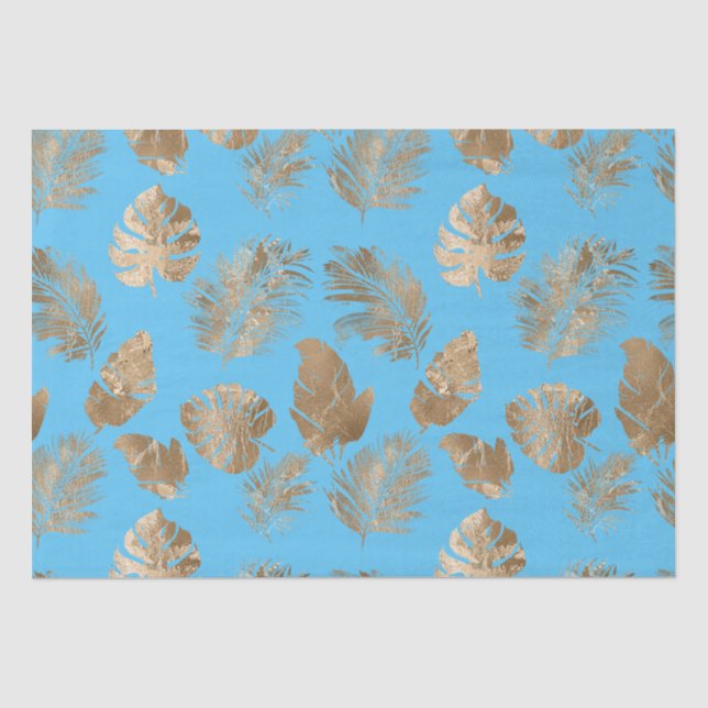 Aqua Blue Gold Tropical Blätter Seidenpapier (Vorderseite)