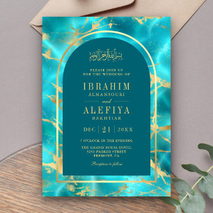 Aqua Blue Gold Wasserbogen Muslimische Hochzeit Einladung