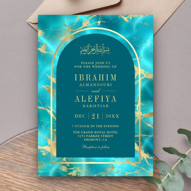 Aqua Blue Gold Water Arch Muslime Hochzeit Einladung (Von Creator hochgeladen)