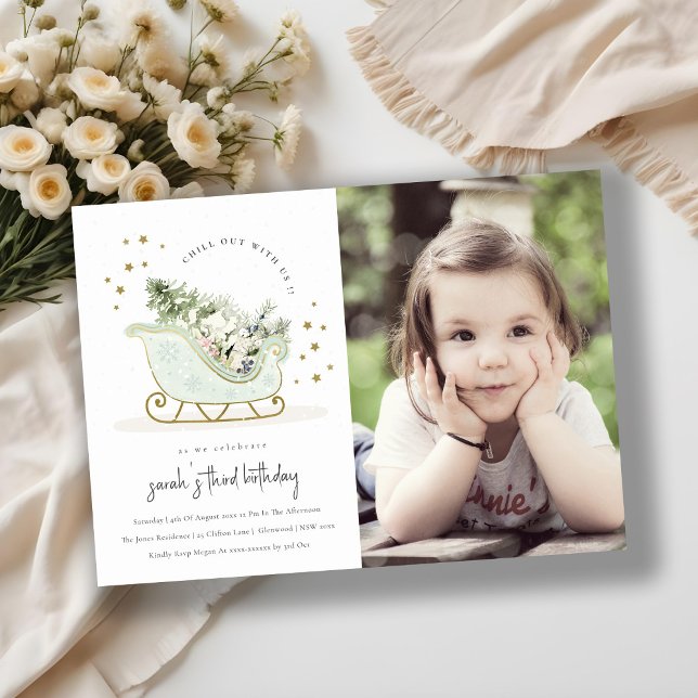 Aqua Blue Golden Winter Schlitten Foto Einladung (Von Creator hochgeladen)