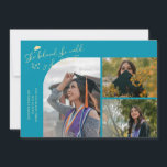 Aqua Blue Graduate She Believed Multi Photo Ankündigung<br><div class="desc">Modern and whimsical graduation announcement photo card featuring 3 photos on the front and 1 on the back. The text says "She believed she could so she did" with twinkling stars. Add the graduate's name,  information,  and message to personalize this card. Aqua blue.</div>