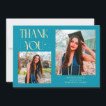 Aqua Blue Graduate Thank You 2-Photo  Ankündigung<br><div class="desc">Modern and whimsical graduation announcement photo card featuring 2 photos on the front and 1 on the back. The text says "THANK YOU" with twinkling stars. Add the graduate's name,  information,  and message to personalize this card. Aqua blue.</div>