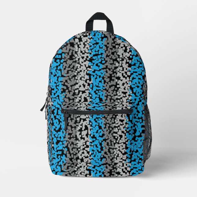 Aqua Blue Graue schwarze, pixelförmige Streifen Bedruckter Rucksack (Vorderseite)