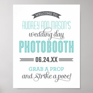 Aqua Blue Gray Custom Wedding Foto Booth Sign Poster