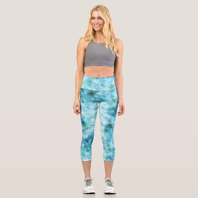 Aqua Blue Green Abstrakt Capri Leggings (Vorderseite)