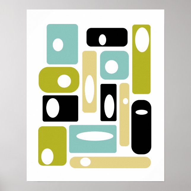 Aqua Blue Green Black Squares Mitte des Jahrhunder Poster (Vorne)