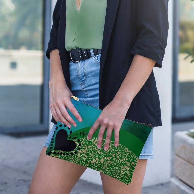 Aqua Blue Green Chic Bläserner Hörzettel Zubehörtasche (Aqua Blue Green Chic Floral Heart Accessory Pouch, green shirt
)