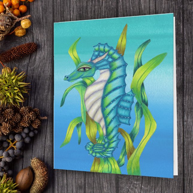 Aqua Blue Green Fantasy Sea Dragon in Seaweed Blue Karte (Fantasy sea dragon or seahorse aqua blue and green in seaweed on note card.)