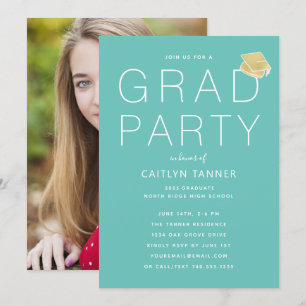 Aqua Blue-Green Modern Foto Graduation Party Einladung