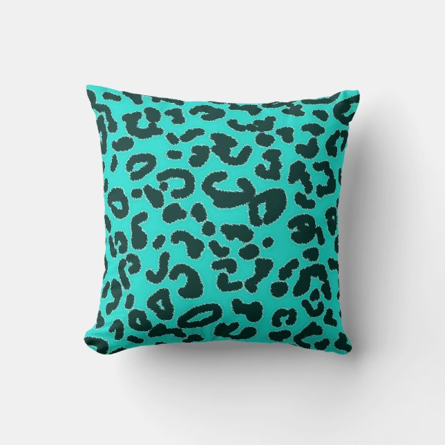 Aqua Blue Green, Türkis Leopard Animal Print Kissen (Vorderseite)