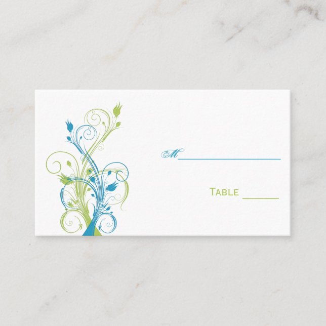 Aqua Blue, Green und White Floral Platzkarten (Vorderseite)