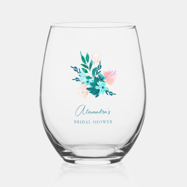 Aqua Blue Green Watercolor Brautparty Weinglas Ohne Stiel (Vorderseite)