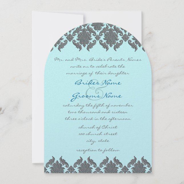 Aqua Blue Grey Bevel Mariage damassé Invitation (Dos)
