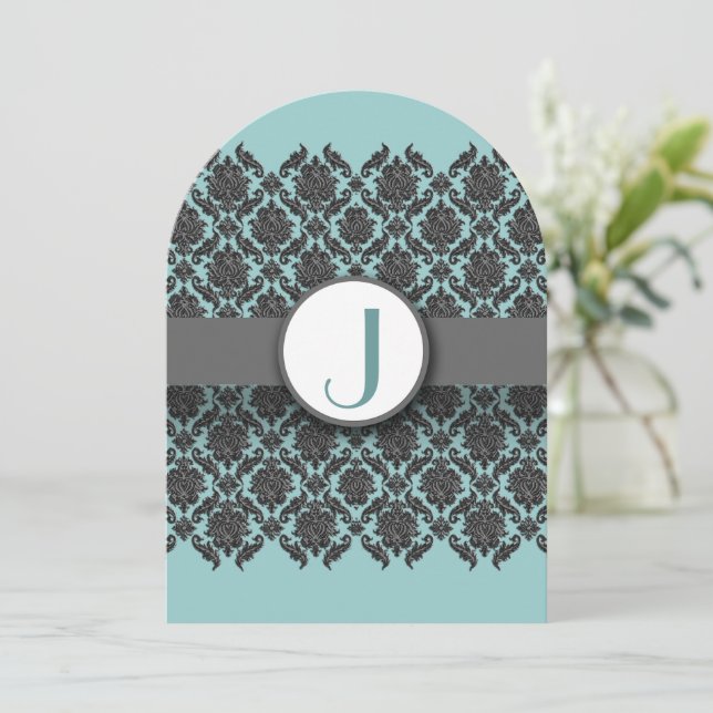 Aqua Blue Grey Bevel Mariage damassé Invitation (Debout devant)