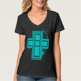 Aqua Blue Grunge Graffiti Cross T - Shirt