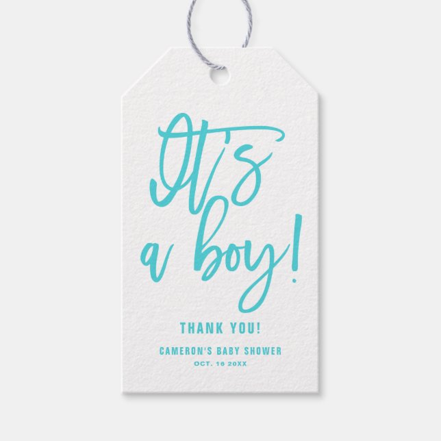 Aqua Blue Hand Lettered Es ist eine Baby-Dusche Geschenkanhänger (Vorderseite)
