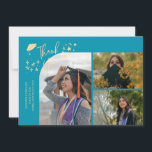 Aqua Blue Hand Written Thank You Multi Photo Ankündigung<br><div class="desc">Modern and whimsical graduation announcement photo card featuring 3 photos on the front and 1 on the back. The text says "Thank You" with twinkling stars. Add the graduate's name,  information,  and message to personalize this card. Aqua blue.</div>