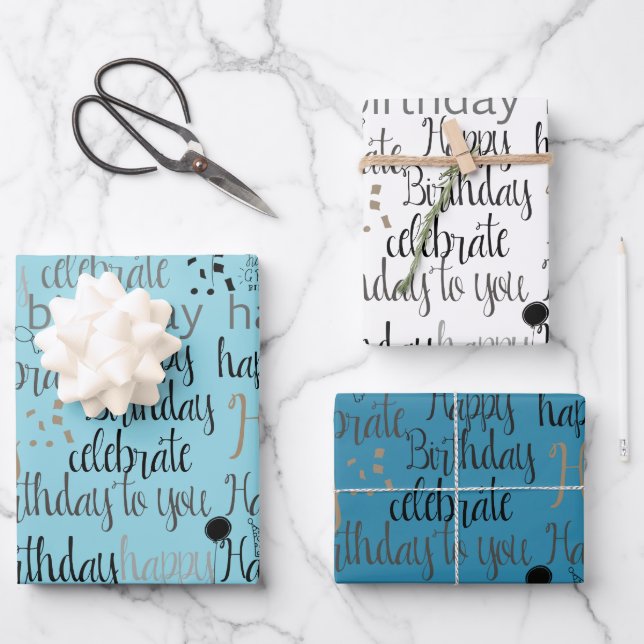 Aqua Blue Happy Birthday   Geschenkpapier Set (Vorderseite)