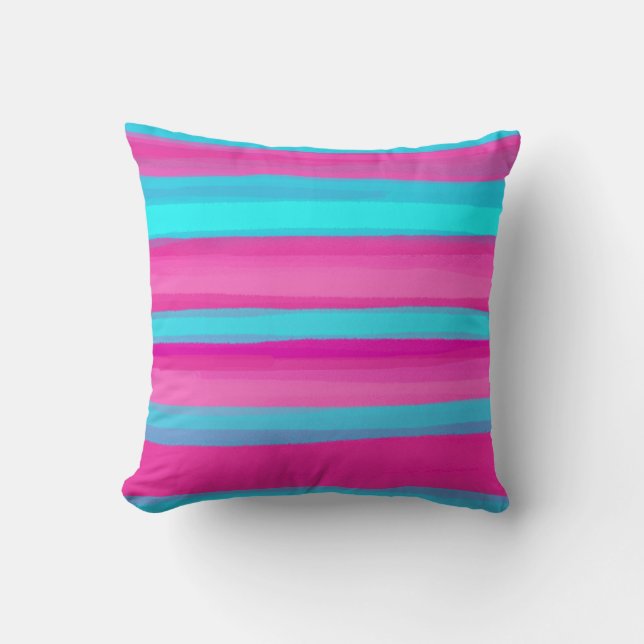 Aqua Blue Hot Pink Streifen Kissen (Vorderseite)