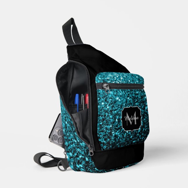 Aqua Blue Imitats Glitzer Glitzern Black Monogram Crossbody Bag (Offen)
