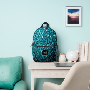Aqua Blue Imitats Glitzer Glitzern Monogram Bedruckter Rucksack