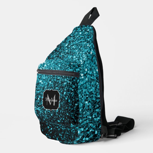 Aqua Blue Imitats Glitzer Glitzern Monogram Crossbody Bag (Rechte Ecke)
