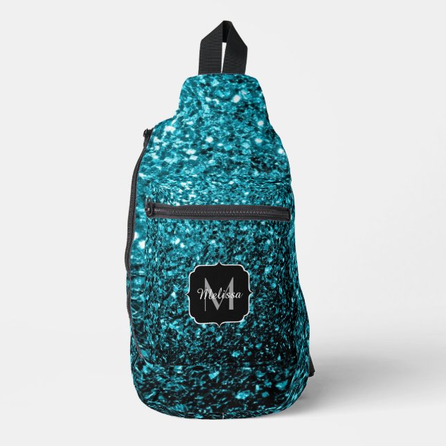 Aqua Blue Imitats Glitzer Glitzern Monogram Crossbody Bag (Vorderseite)