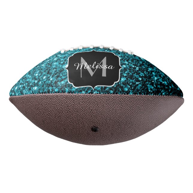 Aqua Blue Imitats Glitzer Glitzern Monogram Name Football (Gedreht 270)