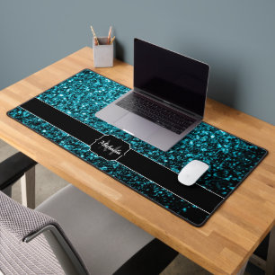 Aqua Blue Imitats Glitzer Glitzern Monogram Schreibtischunterlage