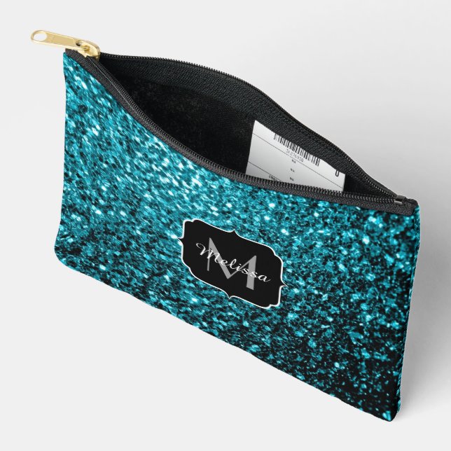Aqua Blue Imitats Glitzer Glitzern Monogram Zubehörtasche (Offen)