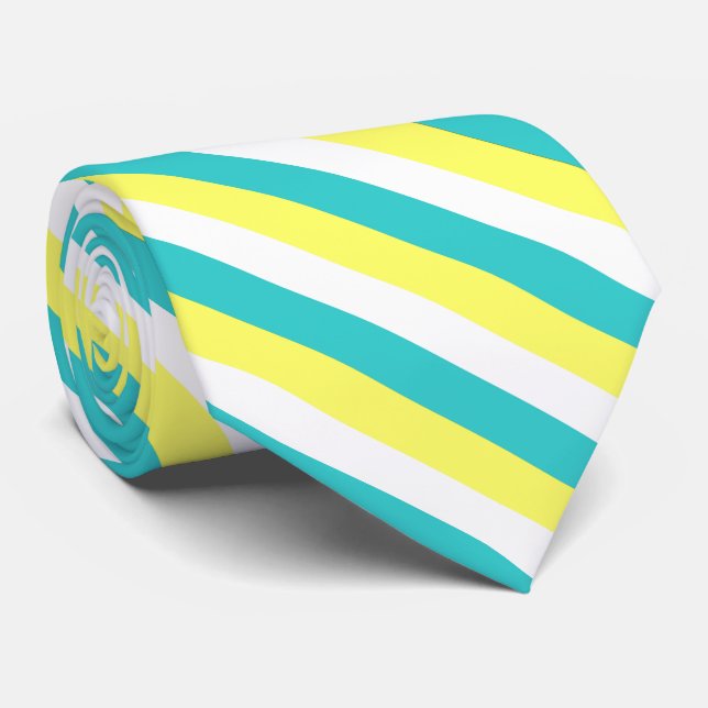 Aqua Blue, Lemon Yellow und White Stripes Krawatte (Gerollt)
