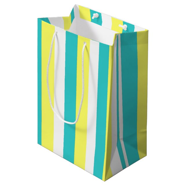 Aqua Blue, Lemon Yellow und White Stripes Mittlere Geschenktüte (Vorderseite Schrägansicht)