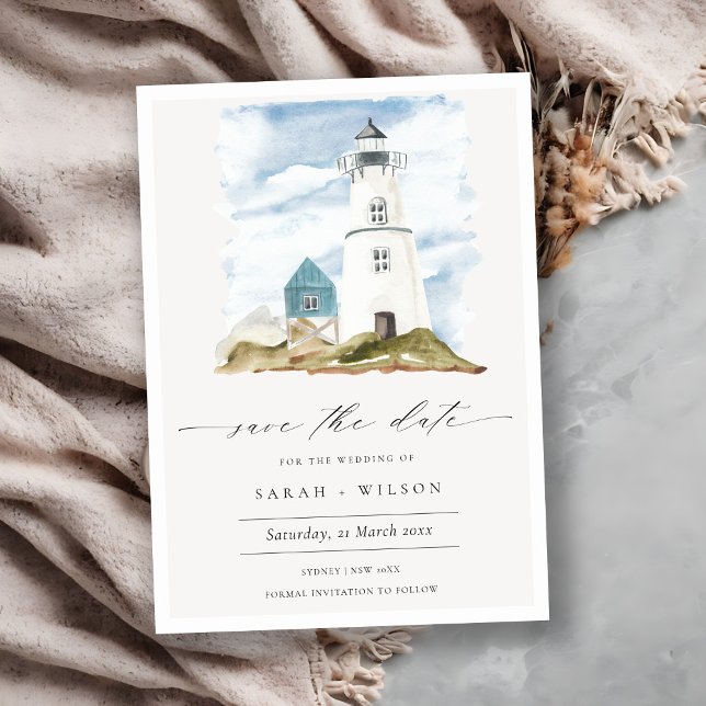 Aqua Blue Lighthouse Save the Date einladen Dankeskarte (Von Creator hochgeladen)