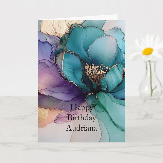 Aqua Blue Lila Gold Floral Geburtstag Karte (Kleine Pflanze)