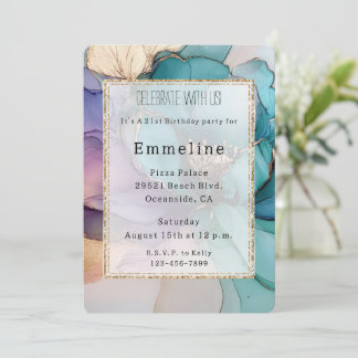Aqua Blue Lila Gold Floral Glitzer Geburtstag Einladung