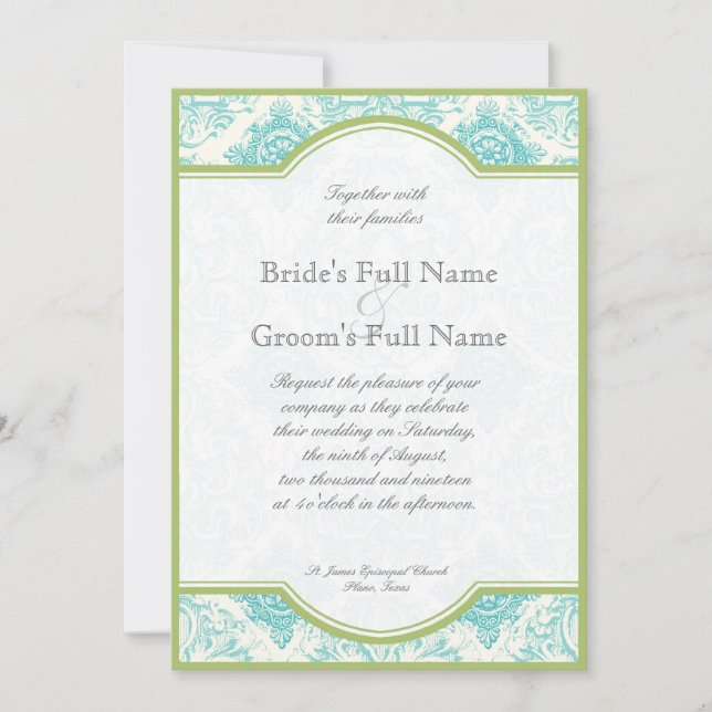 Aqua Blue Lime Iris Quatrefoil Wedding Invitation (Devant)