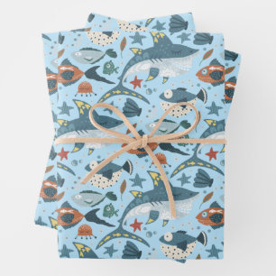 Aqua Blue Little Shark Under Sea Kindergeburtstag Geschenkpapier Set
