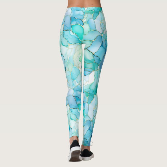 Aqua Blue Marble Abstrakt Leggings (Rückseite)