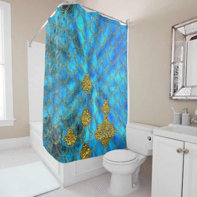 Aqua Blue Mermaid Scales mit goldenem Glitzer Duschvorhang (Beispiel)
