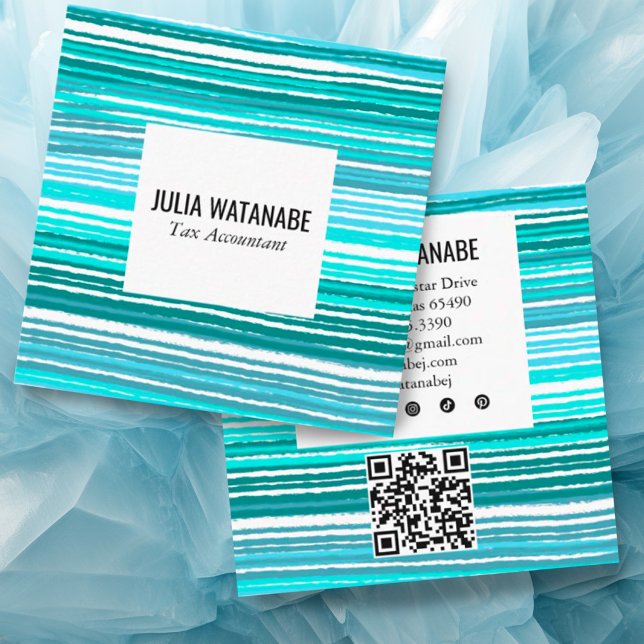 Aqua Blue Minimalistisch Stripes QR Social Media Quadratische Visitenkarte (Colorful aqua stripes custom business card with QR code and social media icons)
