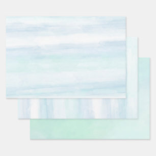 Aqua Blue Minze White Watercolor Streifen Ombre Geschenkpapier Set
