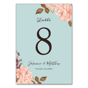 Aqua Blue mit Blush Pink Blues Hochzeit Tischnummer