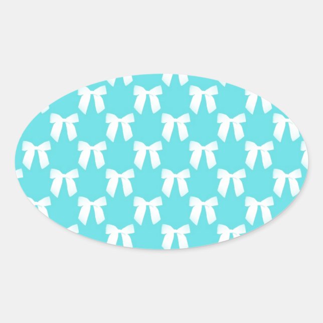 Aqua Blue mit White Wedding Bow Ovaler Aufkleber (Vorderseite)