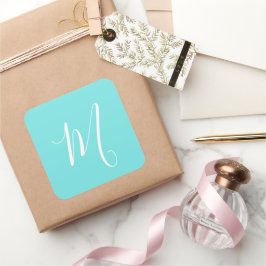 Aqua Blue Monogram Initial Quadratischer Aufkleber