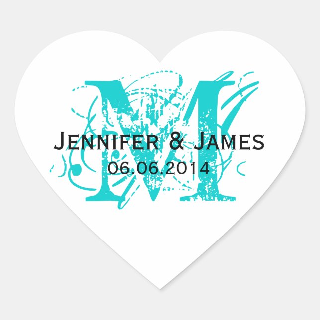 Aqua Blue Monogram Wedding Stickers Heart Shape (Vorderseite)