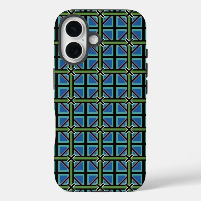 Aqua Blue Moss Green Celtic Kilt Pattern iPhone 16 Hülle (Rückseite)