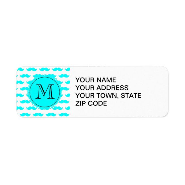 Aqua Blue Mustache Muster, Aqua Black Monogram (Vorne)