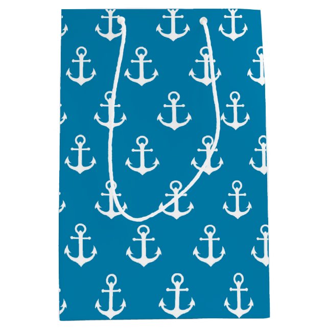 Aqua Blue Nautical Anchors Mittlere Geschenktüte (Vorderseite)