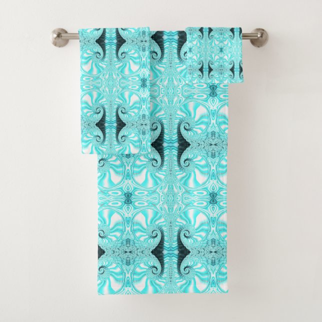 Aqua Blue Nautilus Muschel Spiral Fraktal Muster Badhandtuch Set (Insitu)